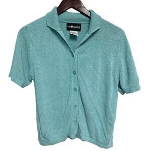 Sag Harbor Vintage Women's Silk Blend Blue Short Sleeve Collared Button Up M